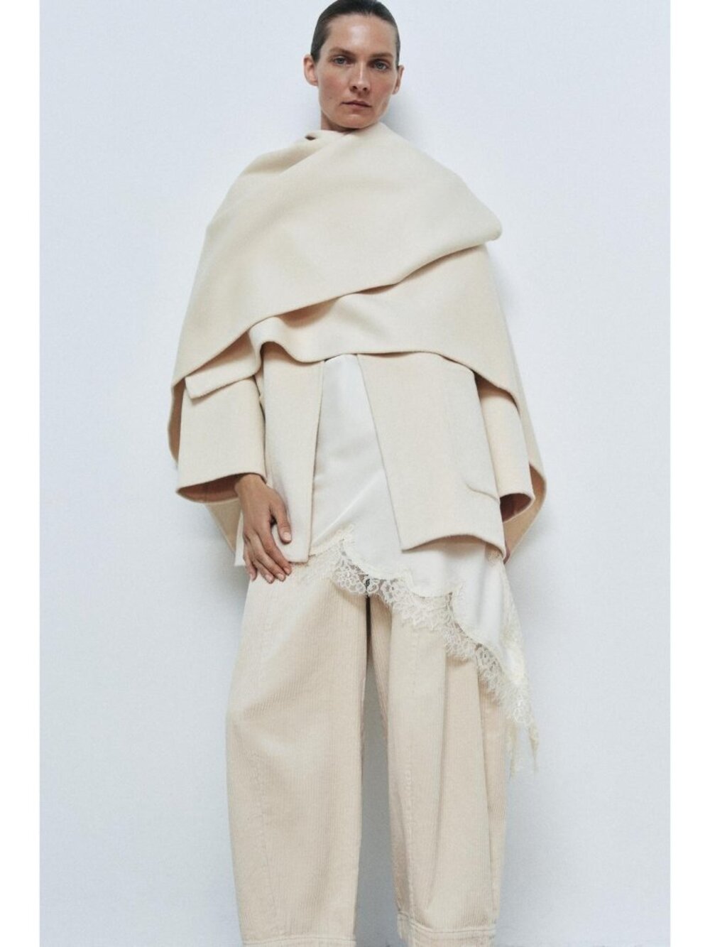 Zara Womens Cape Coat Medium Cream Wool Blend Asymmetric Poncho 8491/257 NWOT
